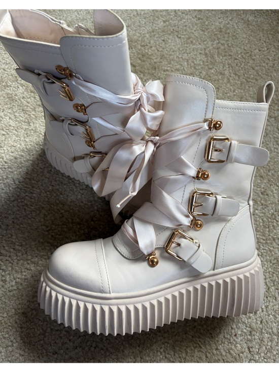Vivianly Shoes - Vivianly Women's Cream Platform Lace-Up Lolita Combat Boots with Gold Hardware